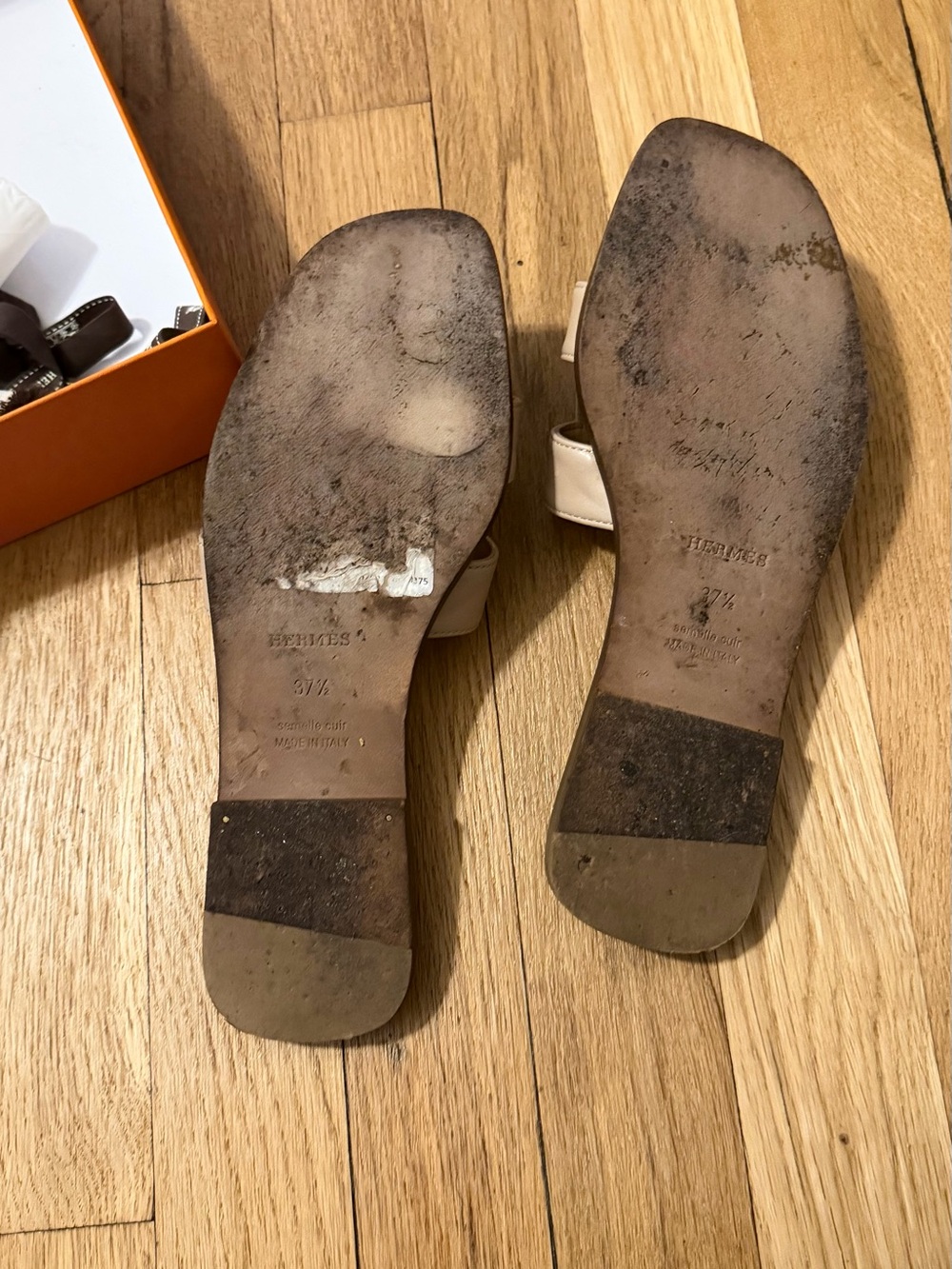 Hermes Beige/Tan Oran Leather Slide Sandals - Picture 9 of 10